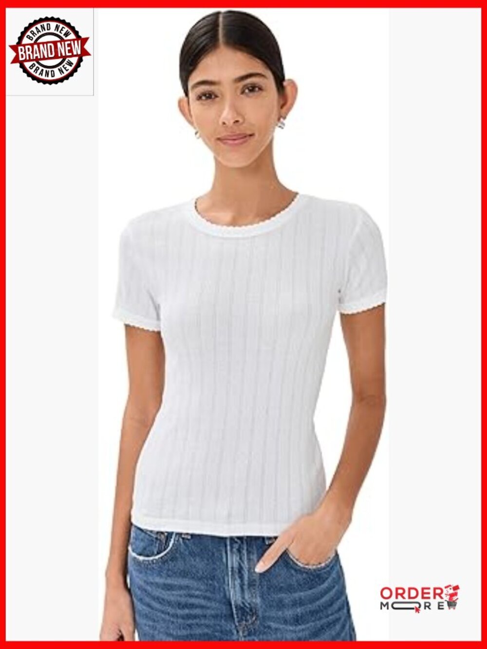 Women's Pointelle Short Sleeve Crewneck Tee Striped Lightweight